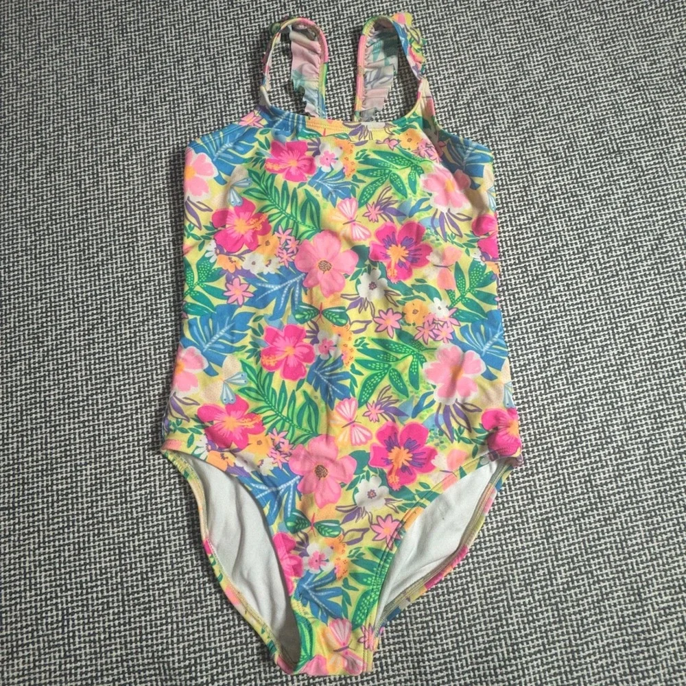 Cat & Jack Girls XL 14 One Piece Swimsuit Tropical Floral Butterfly Ruffle Pink